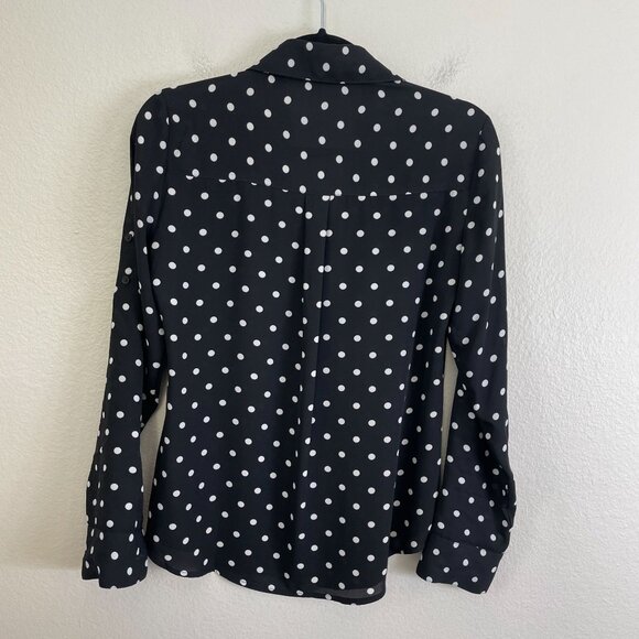 Express Portofino Shirt Womens XS Black White Polka Dot Roll Tab Sleeve Blouse - Picture 7 of 7